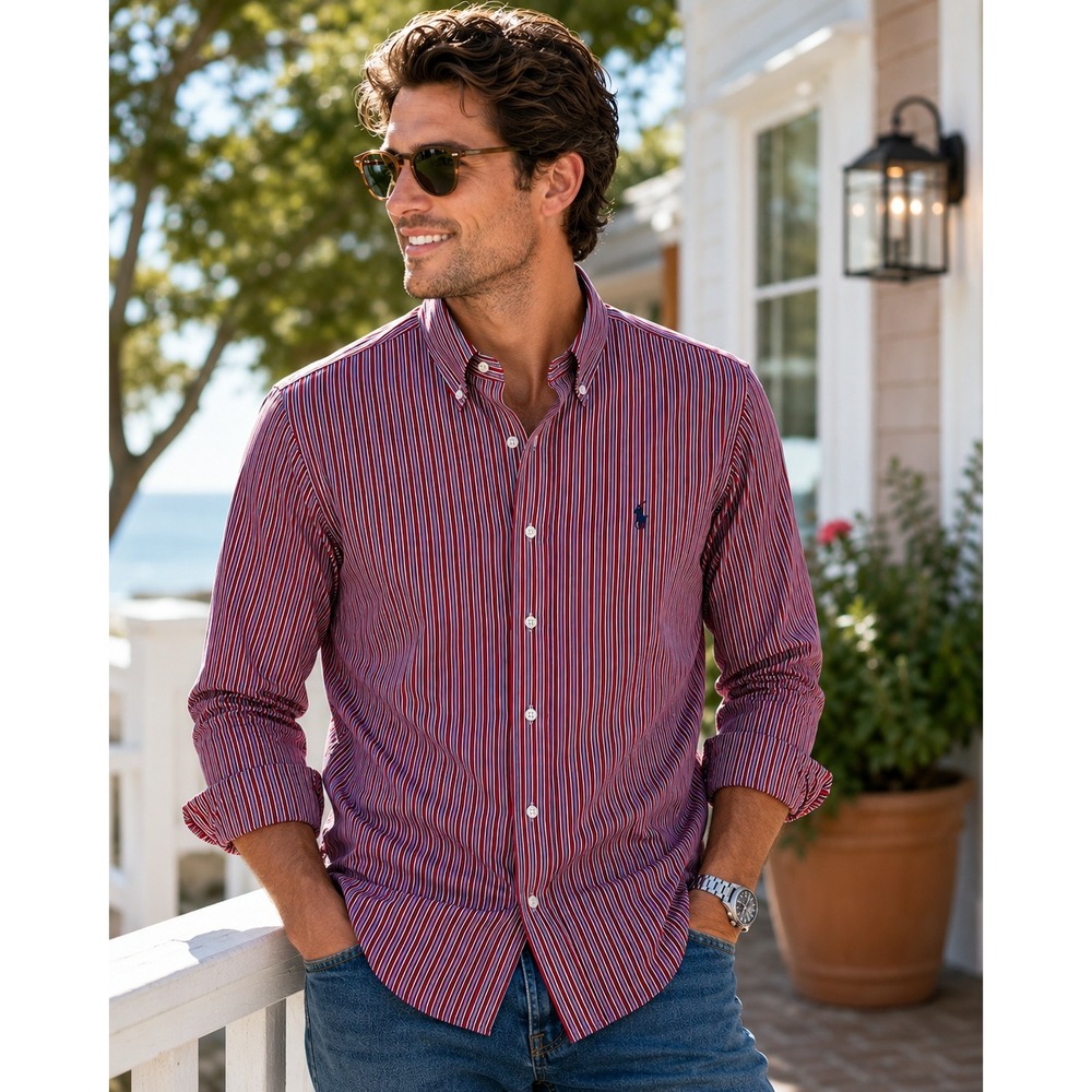 Ralph Lauren Mens Custom Fit Striped Button Down Shirt Red White Blue Medium USA
